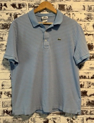 Lacoste Light Blue Pink Striped Petit Piqué Polo Shirt Mens 7 (L/XL) See Pics**