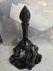 Vintage Fenton Black Amethyst Glass Bell Hand Painted & Signed Rose  4.75”