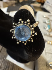 Silver Tone Cocktail Ring w/ Round Blue Glass...