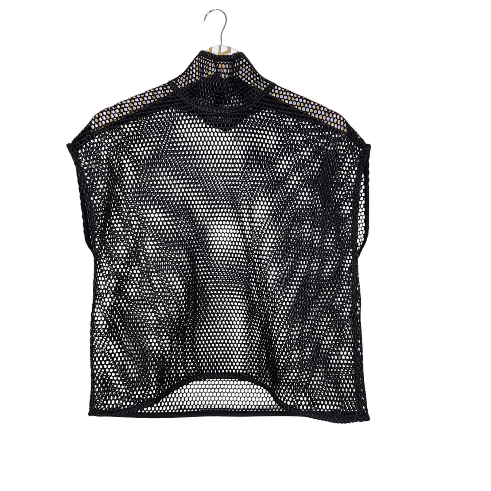 AKRIS Top Womens 8 Black Grid Shirt Mesh Fishnet High Neck Poncho Top Designer