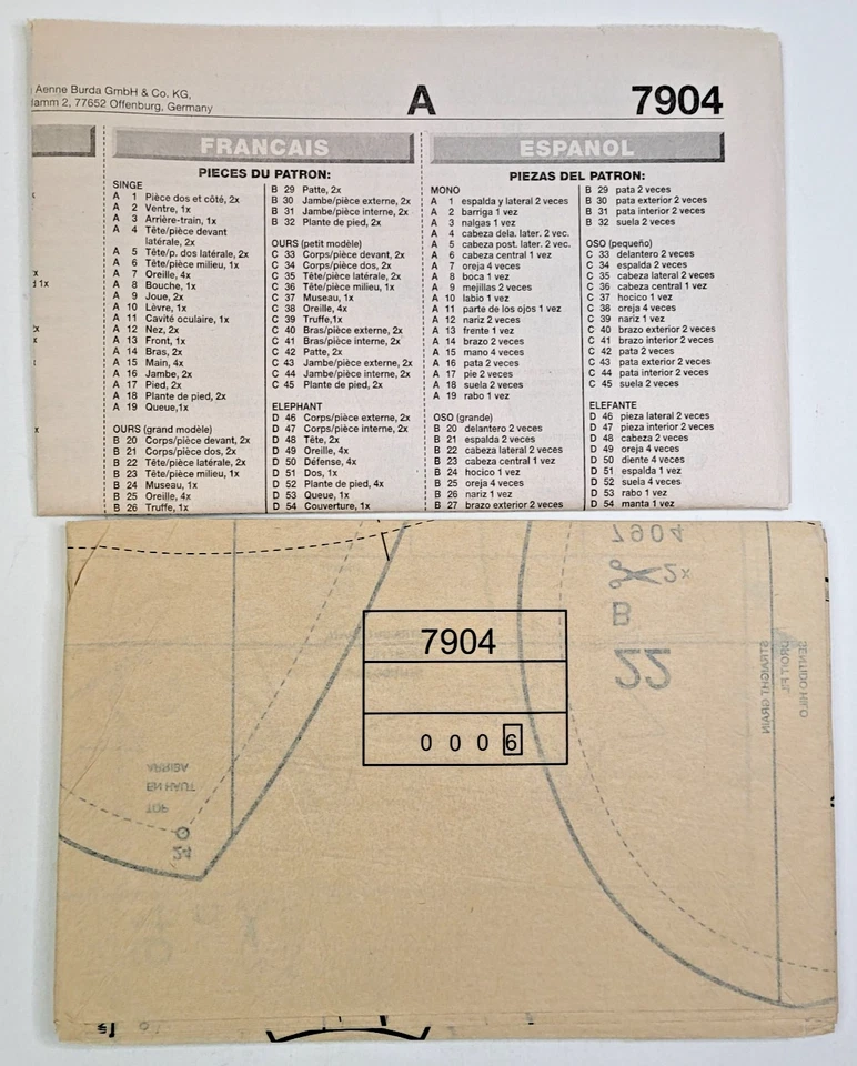 Burda Sew Pattern 7904 Plush Elephant Monkey Bear Stuffed Animals 12"-22" UNCUT - Image 3 of 3