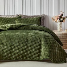 WARMDERN Olive Green Velvet Quilt Set Queen Size, Luxury Geometric Check Patt...
