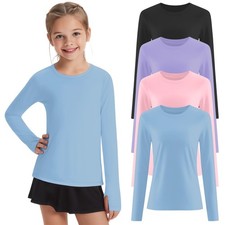 4 Pack Girl's Long Sleeve Athletic Shirts with Thumb Holes, 5-14 Years Kids Q...