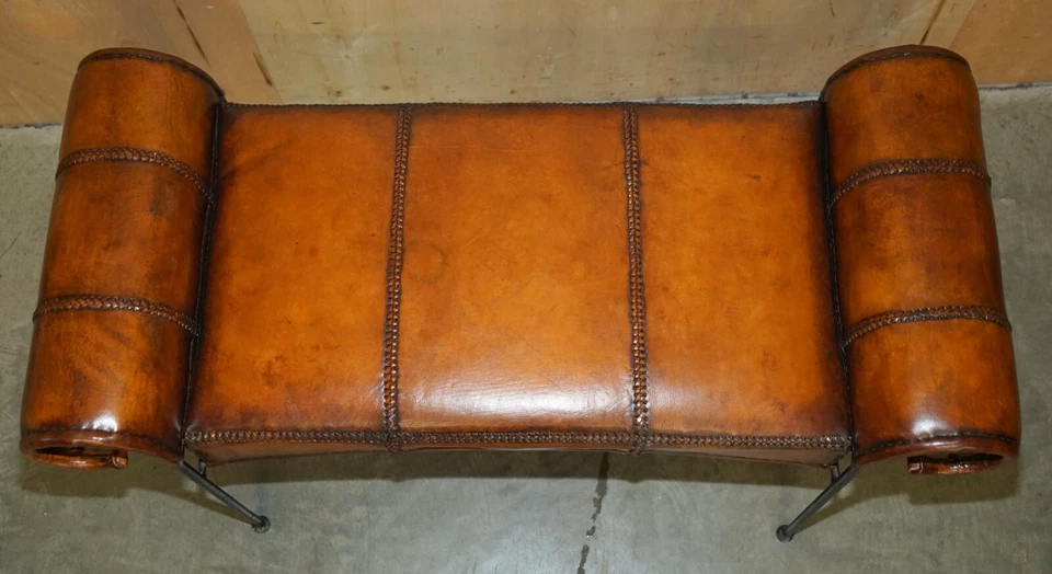 STUNNING FULLY RESTORED VINTAGE HAND LEATHER STITCHED SPANISH IRON WINDOW BENCH - Image 4 of 4