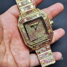 Luxury Iced Gold Plated Alloy Cubic Zirconia Square Bracelet Metal Dress Watch