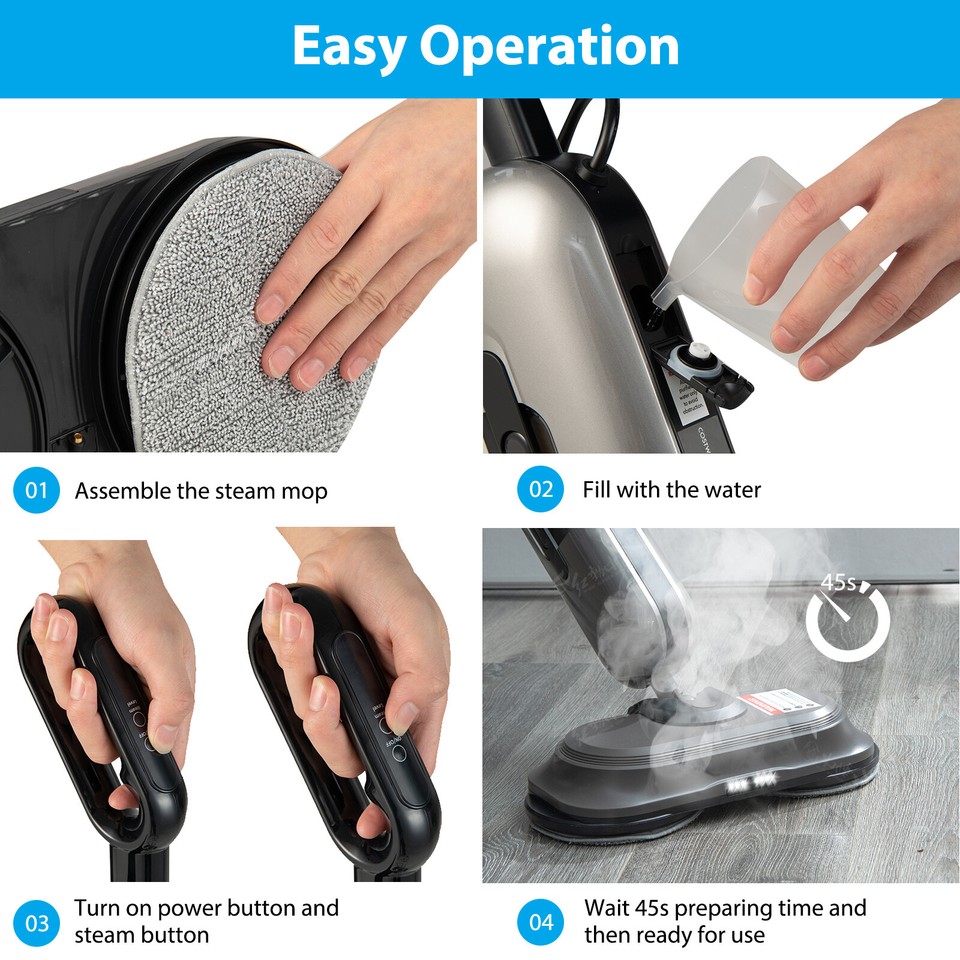 Portable Steam Mop Cleaner w/ 180°Dual Rotating Steam Mop Heads