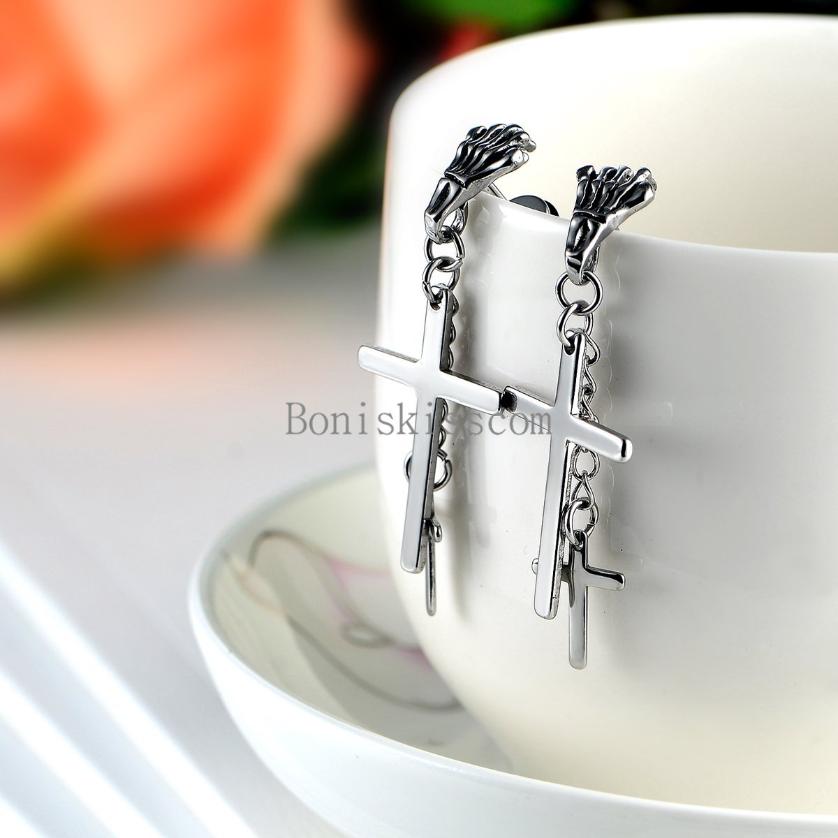 2 Orecchini A Cerchio Pendenti Acciaio Inox Con Doppia Croce Artiglio Del Diavolo - Unisex