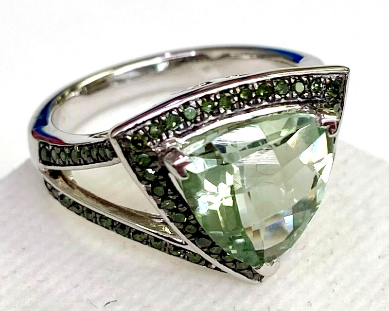 HSN Colleen Lopez Sterling Silver Trilliant Prasiolite Gem Diamond Ring Size 5
