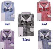 Men's Frenchcuff Checks Dress Shirt /w Bowtie Flower-design Hanky Fortino Landi