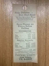 1930s Fairway Coal Co Hang Tag Re-Armament Program Pocahontas Advertisement