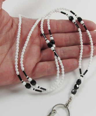 BLACK and WHITE beaded ID lanyard badge holder necklace Handmade