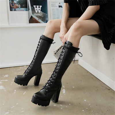 Women's High Block Heel Platform Knee High Boots Lace Up