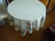 Nappe ancienne peinte à la main et signée - Ronde 1 m 16 Petites Franges - 