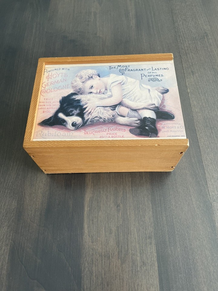 Hoyt’s German Cologne Vintage Wooden Box With Slide Lid Young Girl And