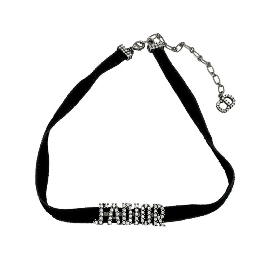 Dior Christian J'ADIOR collana girocollo nero argento strass logo usato0