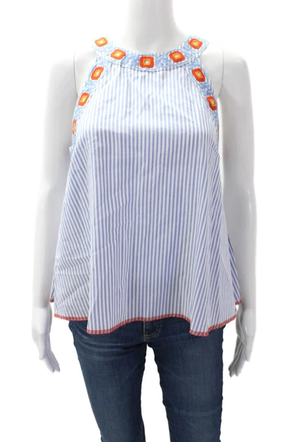 Tory Burch Womens Cotton Striped Round Neck Sleeveless Tank Top Blue Size 4