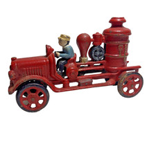 Vintage Cast Iron Fire Engine Steam Pump Truck Toy Firefighter Man 8"