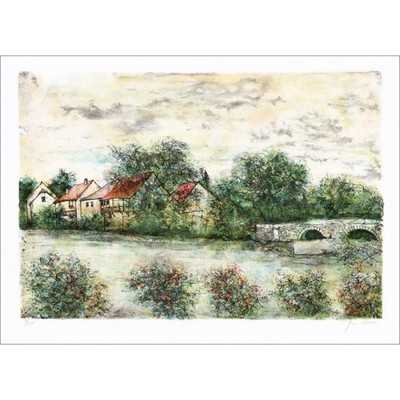 GANTNER Bernard - Original Lithographie ''Le petit pont du village'' 48x65cm - Pa
