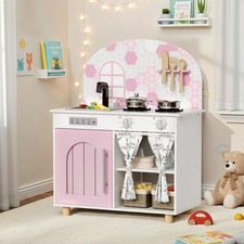 Kids Play Kitchen Set, Wooden Kitchen Playset for Toddlers w/ Stove Accessories