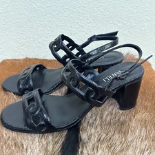 VANELI Leanne Sandals 10N Black Leather Slingback Block Chunky Heel Quiet Luxury