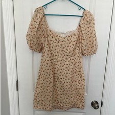 Altar'd State Floral Print Puffed Sleeve Mini Sundress Beige Women's Size Large