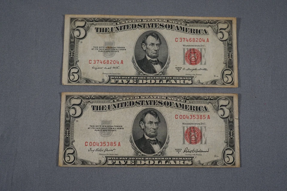 Lot of 9 Five 5 Dollar Notes - Red Seals 1963 x 2 1953 x 4 1953 x 2 1934 x 1 - Image 4 of 4
