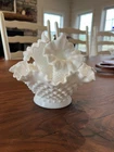 Vintage Ruffled Fenton White Milk Glass Hobnail 3 Horn Trumpet Vase Epergne