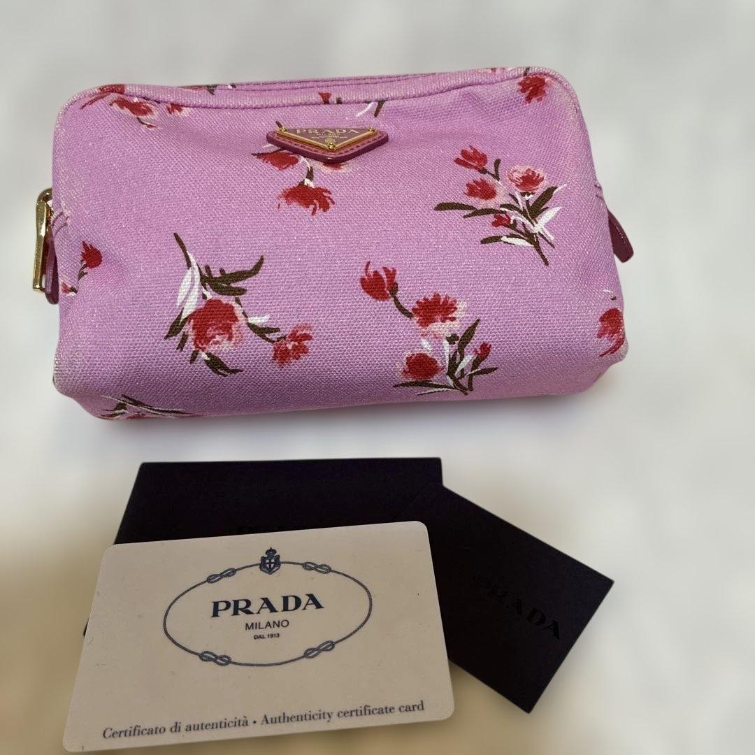 PRADA Pink Red Flowers Gold Hardware Canvas Makeup Pouch Authentic Mini Bag