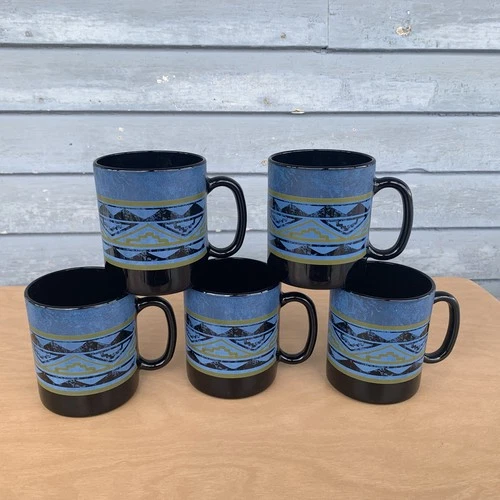 Set of  5 Arcoroc Coffee Cups Mugs Yucatan Cobalt Blue Vintage Made In France