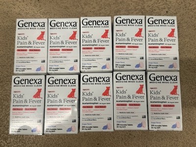 10x Box Lot Genexa Kids' Pain & Fever Acetaminophen 24 Tablets Exp 6/27 +