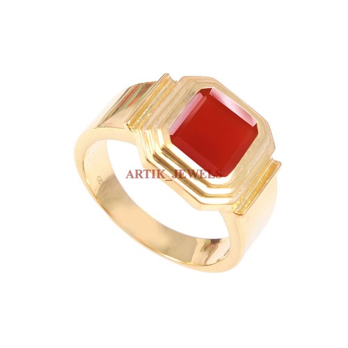 Natural Red Onyx Gemstone with Gold Plated 925 Sterling Silver Men's Ring #5681 - Picture 3 of 4