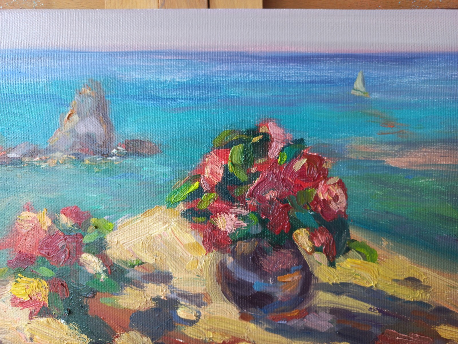 Painting Original  rose and the sea Impressionism Oil on Canvas by A.Shrub