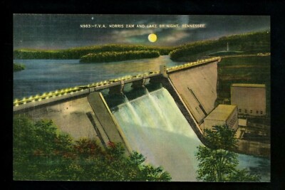 Dam postcard Tennessee TN Noris Dam & Lake view TVA night linen