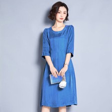 Maxi Silk Womens Long Dress Crew Collar Casual Caftan Loose Gown Midi Skirt