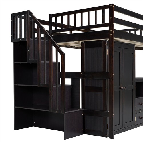 Full Size Wood Loft Bed w/Storage Stairs,Desk,Wardrobe & Movable Table-Espresso - Picture 3 of 18