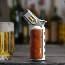 Metal Spray Gun Four Jet Blue Flame Butane Gas Torch Lighter Safety Latch Silver