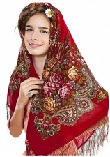 779-5 Pure Merino wool Red Folk wrap Pavlovo Posad Russian scarf shawl kerchief