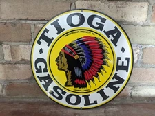 VINTAGE TIOGA GASOLINE PORCELAIN ENAMEL GAS STATION PUMP SIGN 12"