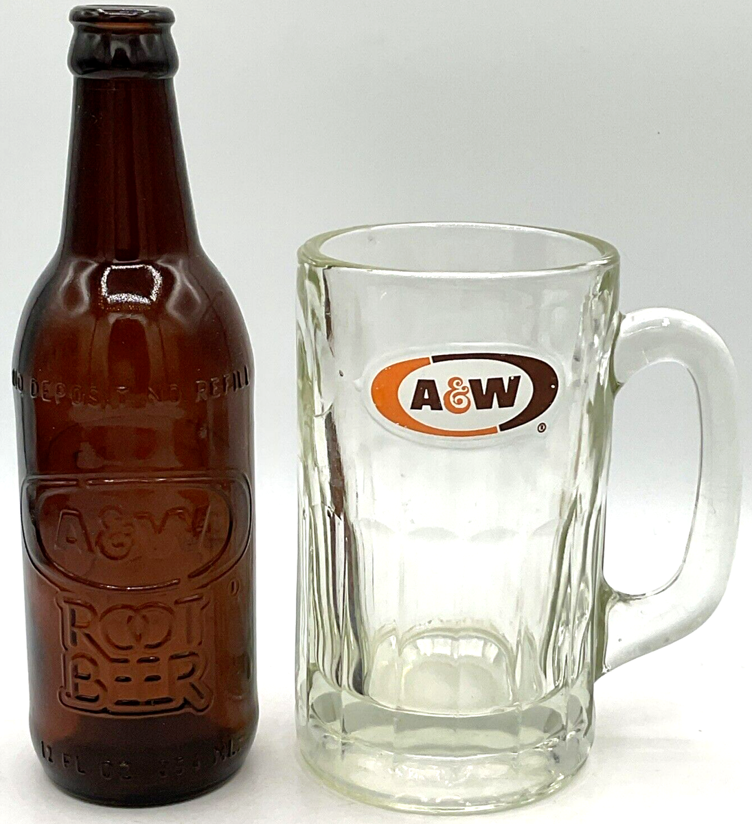 Vintage Embossed A&W Root Beer Bottle & 12 oz Glass Mug Restaurant