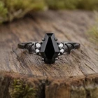 Black Onyx Coffin Cut Gothic Bat Ring 925 Sterling Silver Vintage Engagement