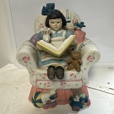 Midwest Co. Girl Reading With Animals In Big Chair Music Box Working 5 1/2"