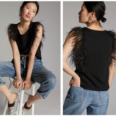 ANTHROPOLOGIE x Eva Franco Romana Feathered Top Black Sz SP NWT {RR46}