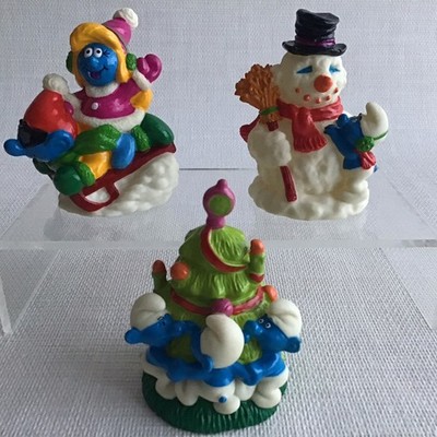 SCHLÜMPFE WEIHNACHTEN GUMMIFIGUREN PEYO 1997 3ER SET WEIHNACHTSBAUM SCHNEEMANN SCHLITTEN