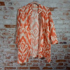 Chico's Open Front Jacket Women Size 3 Orange Excellent Linen Ikat Print