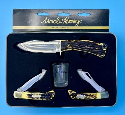 Uncle Henry Knife Set 4 PC - Shot Glass, Fixed Blade Knife, Folding Knives NEW
