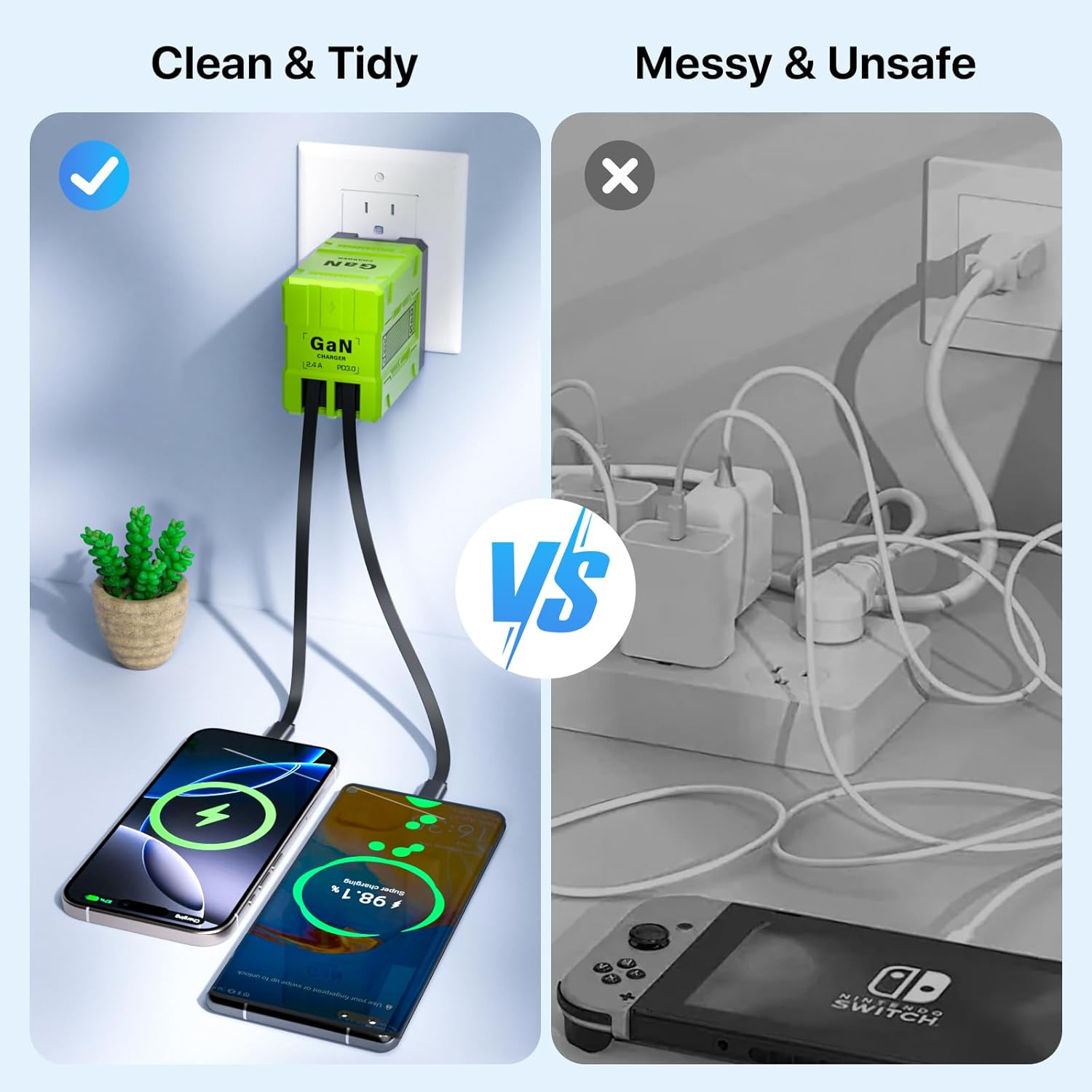 2 in 1 Retractable Gan Wall Charger with Dual Cables, Fast Charging 45W Retracta