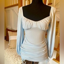 NWT size S light blue bodycon dress with side ruching and ties, balloon  sleeve