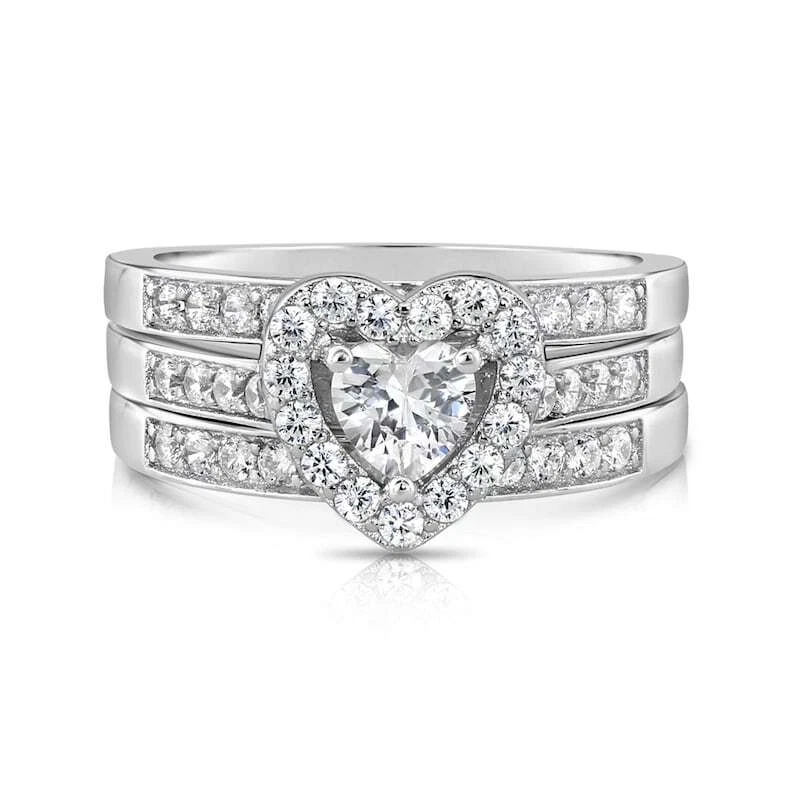 Anillo de compromiso nupcial con corazón de circonita cúbica de plata de ley 925 maciza Foto 2 de 4