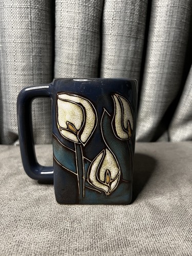 Mara Stoneware Calla Lilly Coffee Mug Design Mexico Lillies Square Bottom Blue