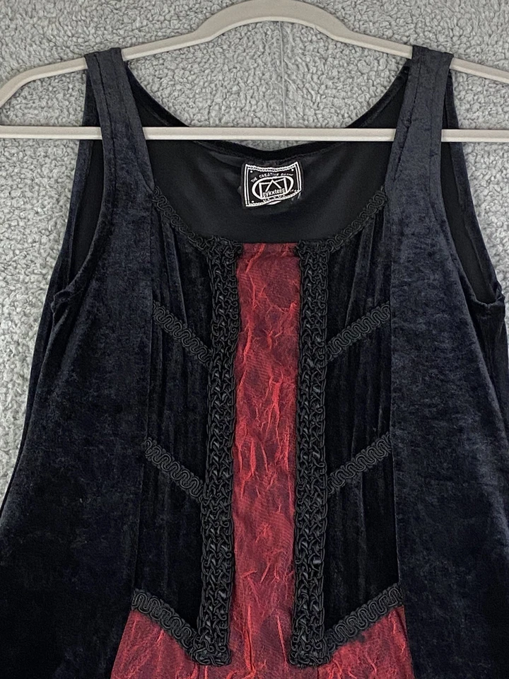 Vintage 90s CYKXTEES Velvet Black Crimson Red Maxi Dress Steampunk Gothic L EXC - Image 3 of 4